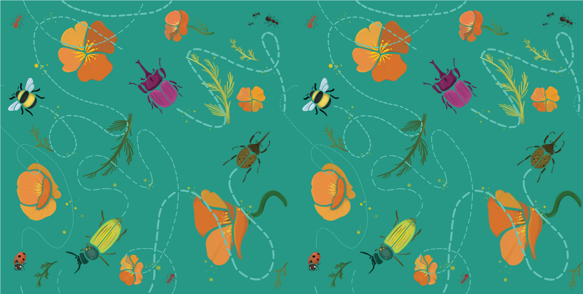 A printed pattern artwork featuring bees, flowers, and insects against a teal background.