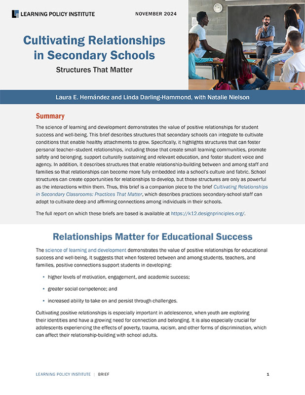 The front page of a research brief titled "Cultivating Relationships in Secondary Schools: Structures That Matter."