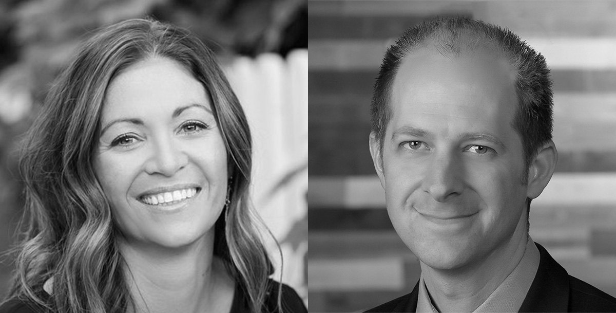 Side by side professional headshots of Katie Martin and Devin Vodicka